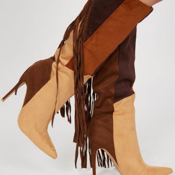" COWGIRL FRINGE " Knee High Fringe Boots - COLOR BLOCK  ( BRAND NEW !!!!! - Picture 1 of 6